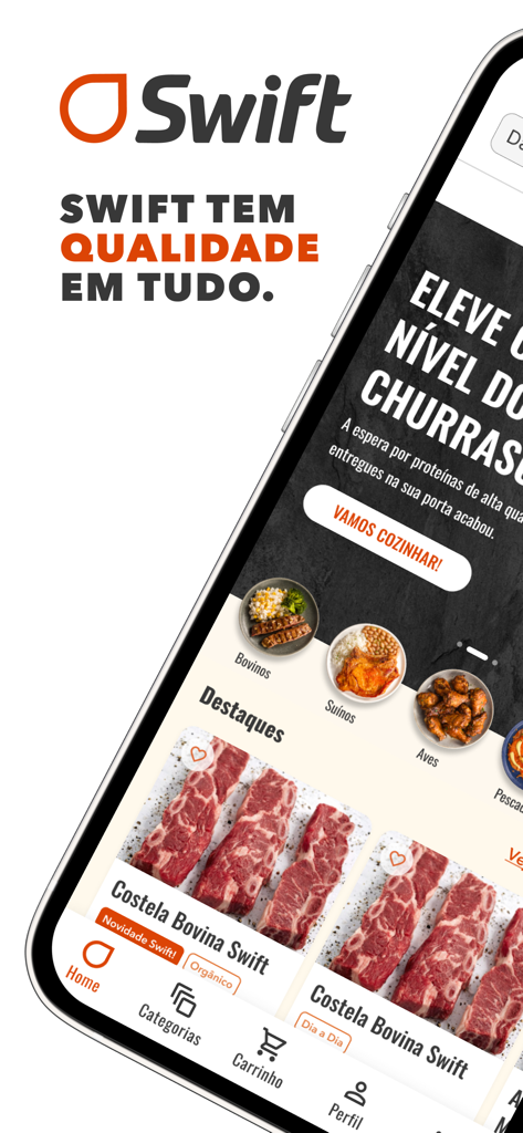 Loja Swift - Application mobile Loja Swift montrant des coupes de viande de qualité et des catégories d'achat