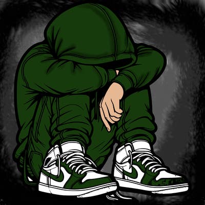 depressed man wearing hoodie and jordan shoes and baggy jeans