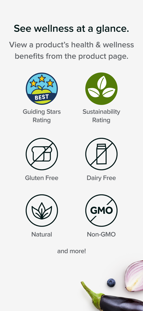 Un affichage d'icônes de santé et de bien-être de l'application Food Lion incluant les labels Guiding Stars et Sans Gluten