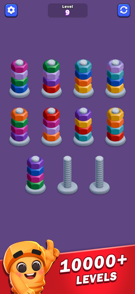 Gameplay of Nuts Sort Master showing colored nuts stacked on bolts with a character highlighting ten thousand plus levels