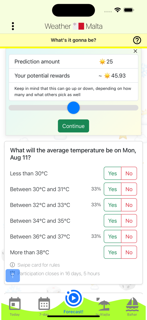 Weather Malta - Interfaz de la aplicación El Tiempo Malta que muestra una función gamificada de predicción de temperatura con recompensas.