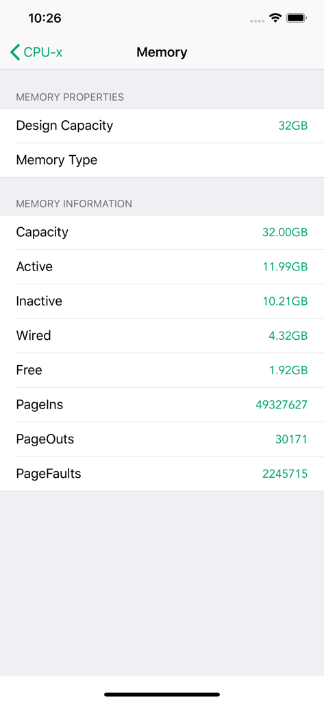 CPU-x Dasher z Battery life - Detailed view of memory properties and information within the CPU-x app