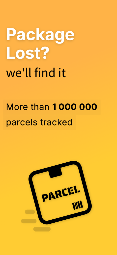 Parcel & Package Tracker - Parcel and Package Tracker app screen featuring a lost package finding service and over one million tracked parcels