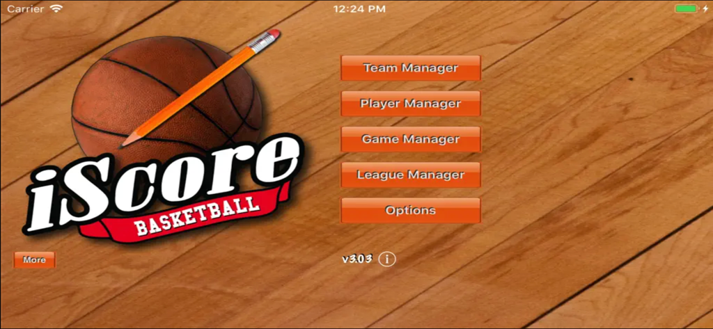 iScore Basketball Scorekeeper - Menu principal do aplicativo iScore Basketball Scorekeeper mostrando gerenciamento de equipe e jogo