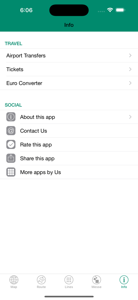Pantalla de menú de información de la aplicación de transporte de Frankfurt que muestra opciones de viaje y soporte