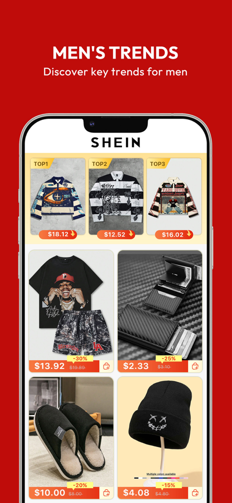 Um print do aplicativo SHEIN mostrando tendências de roupas e acessórios masculinos.