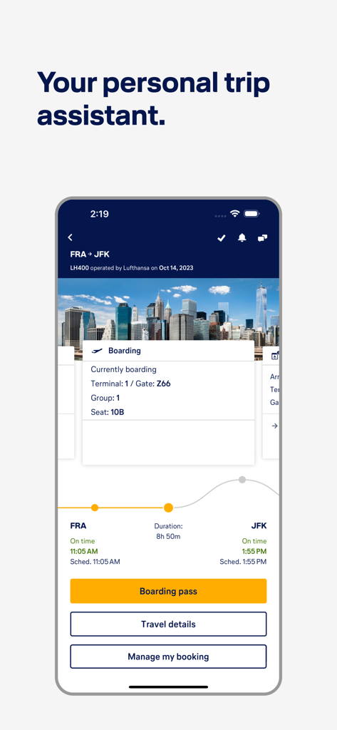 Lufthansa app interface showing real-time flight boarding details and travel status for a trip from Frankfurt to New York