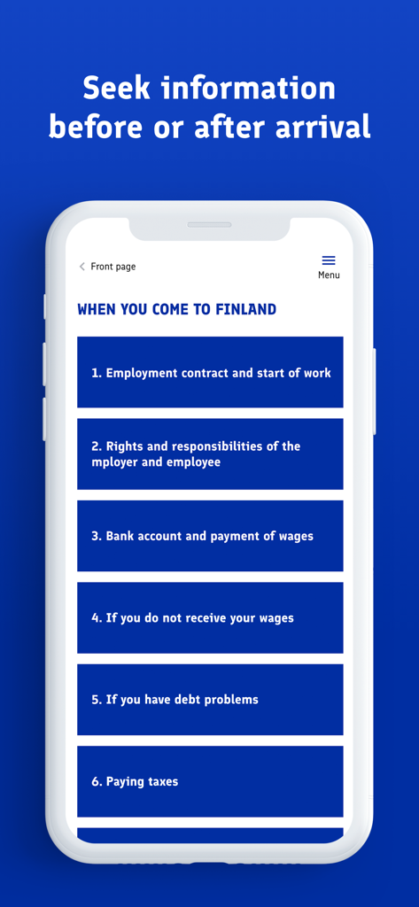 Work Help Finland - Un menu che elenca gli argomenti di impiego per i lavoratori stranieri in Finlandia, inclusi contratti e diritti sul lavoro