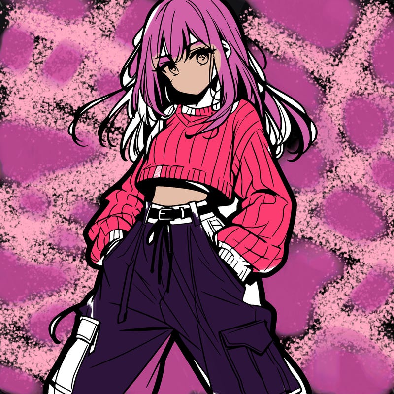 anime teen girl with baggy pants and crop top with sweater