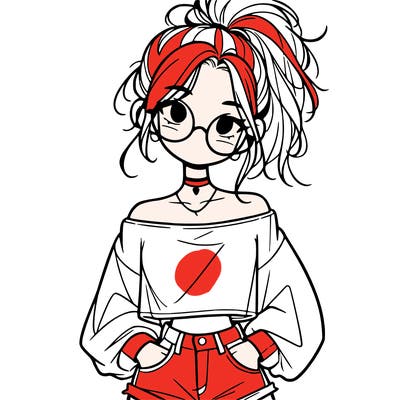 girl with a messy ponytail glasses a baggy crop top and jean shorts