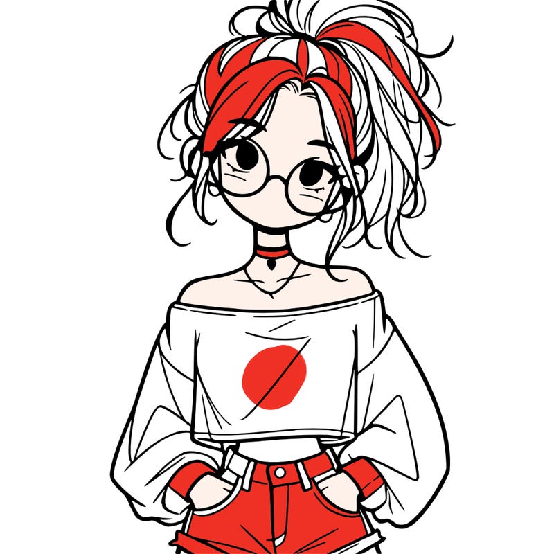 girl with a messy ponytail glasses a baggy crop top and jean shorts