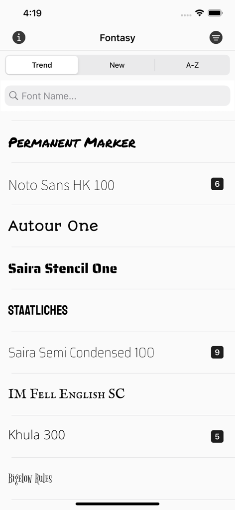 Fontasy - Font Browser - A list of trending Google fonts displayed within the Fontasy mobile app interface