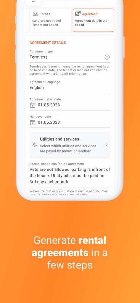 Rendin - Safe Rental Agreement - A mobile app screen for creating a digital rental agreement with fields for lease terms and special conditions.