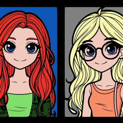 two pretty girls one with long hair one with short hair and glasses