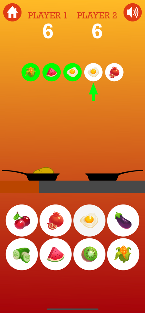 Pantalla de juego del Juego de la Papa Caliente mostrando un desafío de combinación de patrones de iconos de comida para dos jugadores con una papa en una sartén