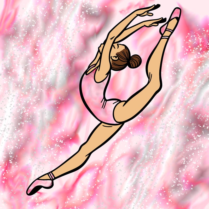 gymnast doing a leap in a leotard with a bent back leg