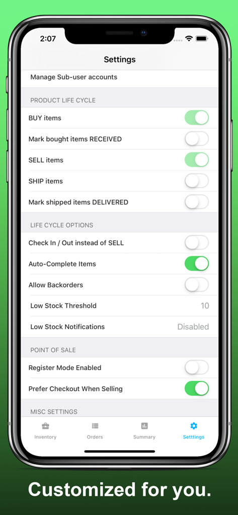 Inventory Now: product tracker - Tela de configurações do Inventory Now em um iPhone mostrando opções personalizáveis de ciclo de vida do produto e ponto de venda