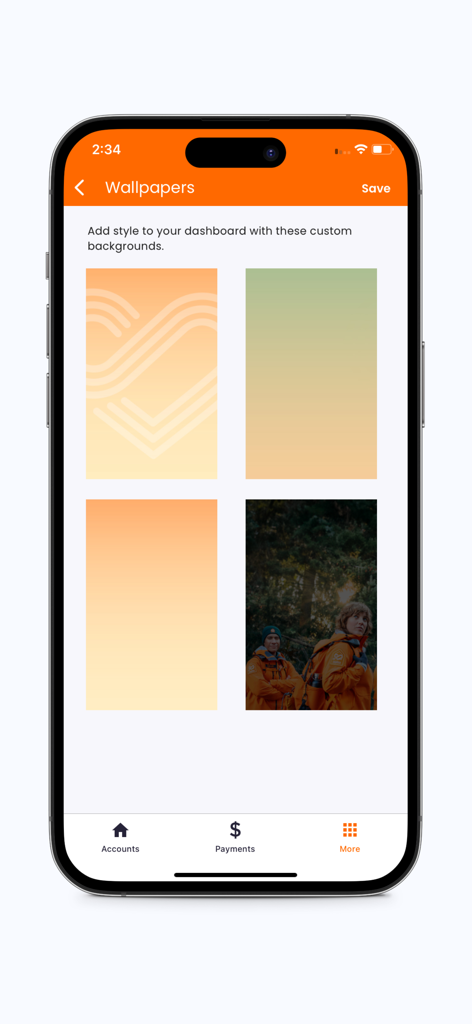 SBS Mobile - SBS Mobile app wallpaper selection screen for dashboard customization