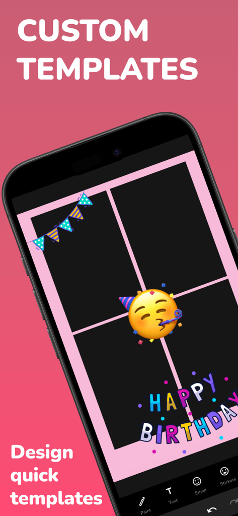 Neon Photo Booth Event Selfie - Un smartphone affichant un modèle de photomaton rose personnalisé avec des autocollants et des décorations "Joyeux Anniversaire".