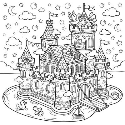 Prepare for a joyous celebration with this adorable moated castle coloring page, perfectly designed for a baby shower. Discover charming details like storks, cradles, and floating baby toys amidst a whimsical fairytale setting.