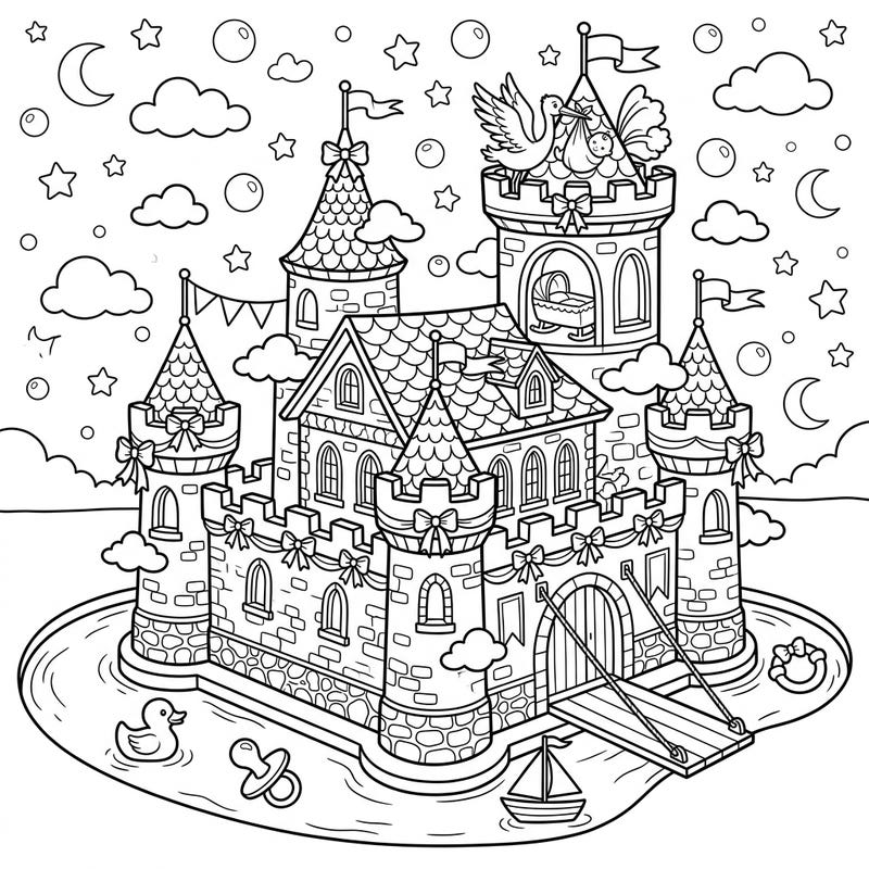 Prepare for a joyous celebration with this adorable moated castle coloring page, perfectly designed for a baby shower. Discover charming details like storks, cradles, and floating baby toys amidst a whimsical fairytale setting.