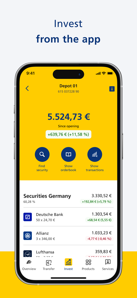 Postbankアプリの投資画面、Deutsche BankやAllianzなどのドイツ株を含む証券保管の概要を表示。