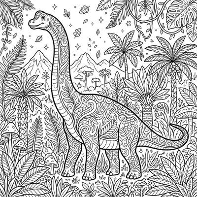 Embark on a captivating coloring journey with this intricately detailed Brachiosaurus, designed specifically for teens. Explore the ancient world as you bring this majestic long-necked dinosaur and its lush prehistoric habitat to vibrant life.