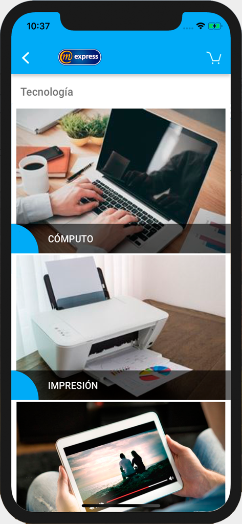MExpress - MExpress app screen showing technology categories for computing and printing products.