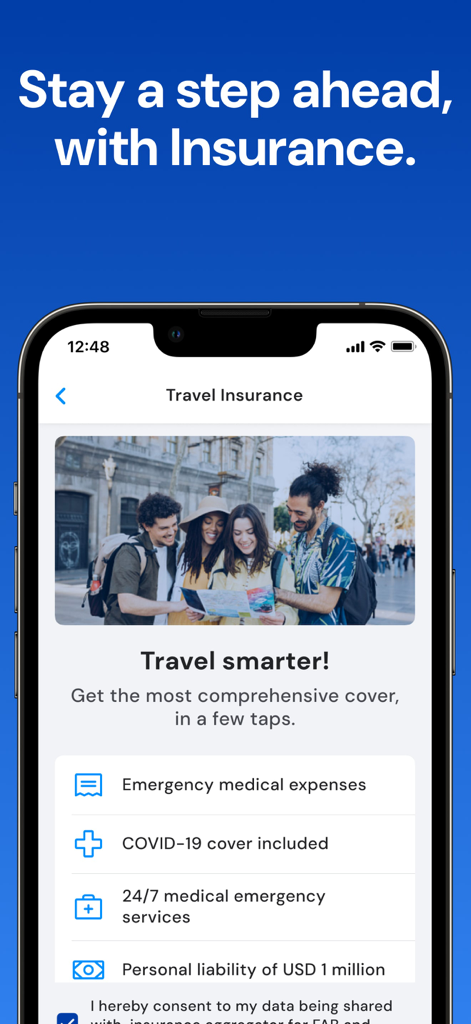 FAB Mobile Banking app interface showing travel insurance features including emergency medical expenses and COVID-19 coverage.