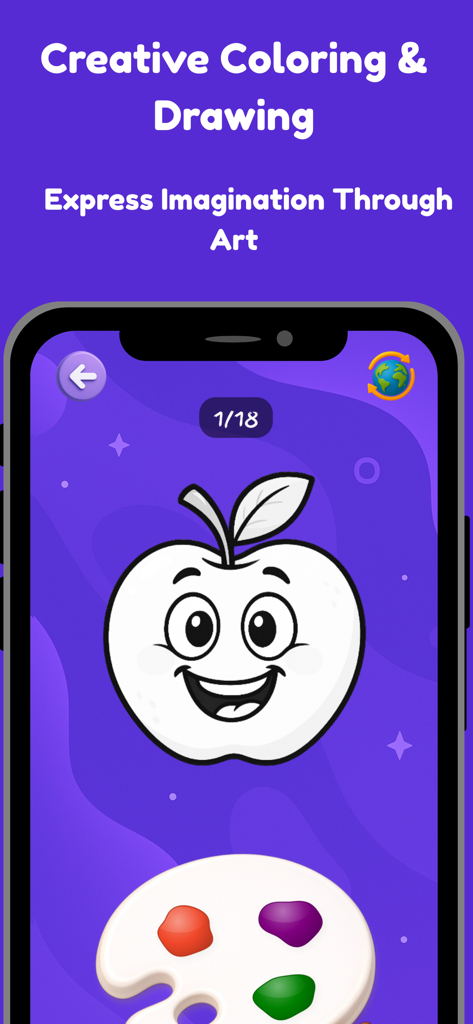 MiaLoo: Toddler Learning Games - Captura de pantalla de la aplicación MiaLoo que muestra una actividad creativa de colorear y dibujar para niños pequeños con una manzana de dibujos animados feliz y una paleta de pintura.