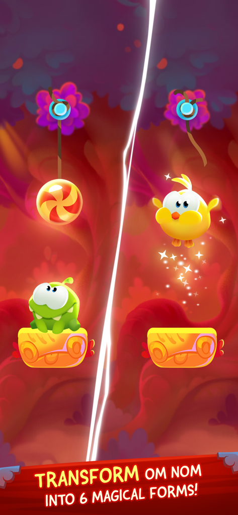 Om Nom character transforming into a yellow bird form in a magical puzzle level