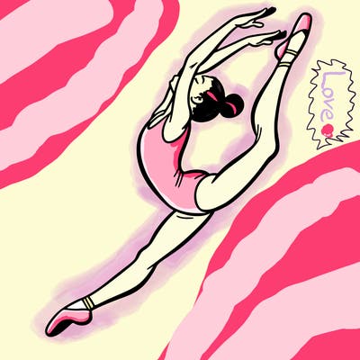 gymnast doing a leap in a leotard with a bent back leg