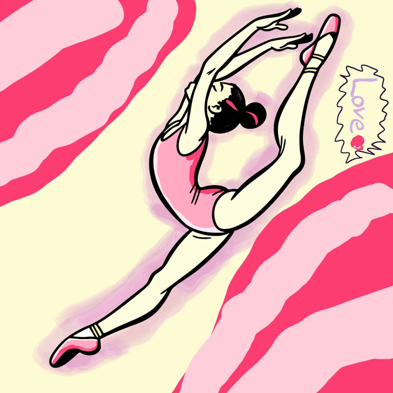 gymnast doing a leap in a leotard with a bent back leg