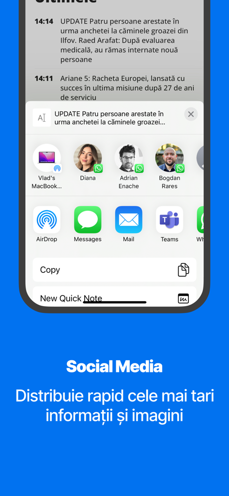 Euronews Romania mobile app social media sharing screen