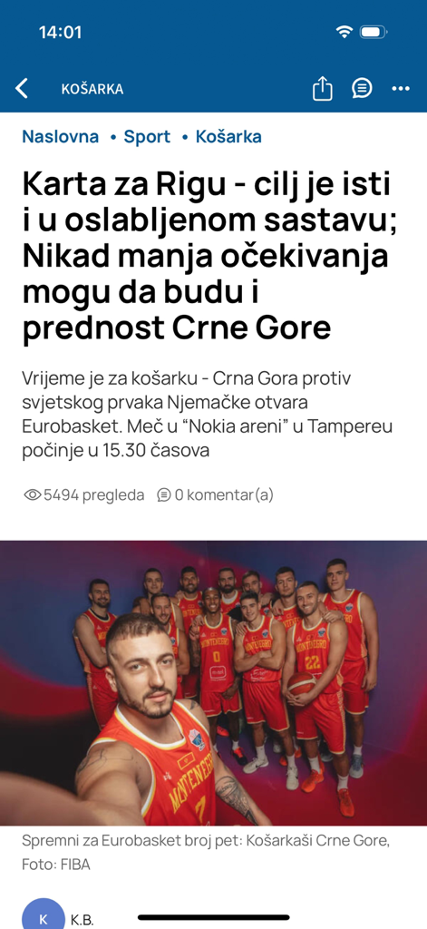 Seção de desporto do aplicativo Vijesti com um artigo de notícias sobre a seleção nacional de basquete de Montenegro
