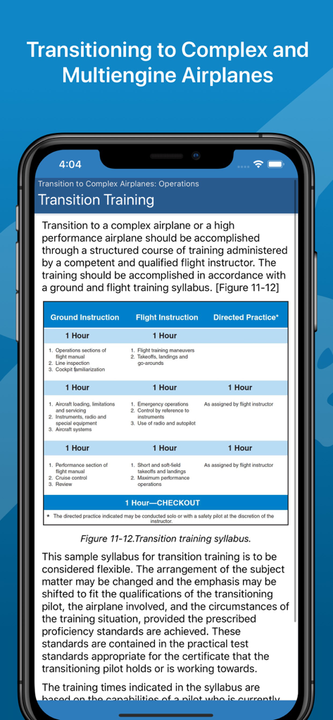 Uma tela do aplicativo Manual de Voo de Avião mostrando um plano de treinamento de transição para aviões complexos e multimotores.