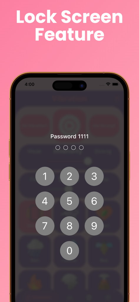 A smartphone showing the password lock screen feature of the Strong Vibration app with a numeric keypad.