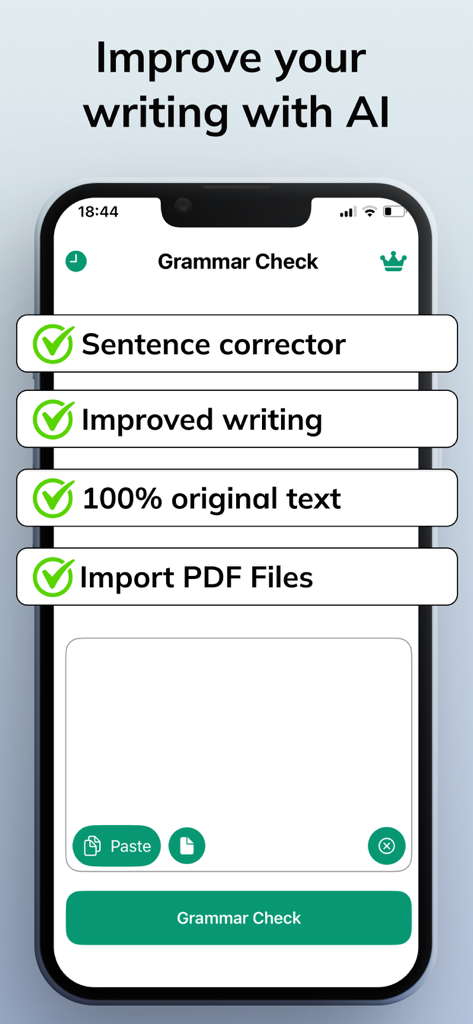 Grammar Check Corrector AI - Smartphone screen showing the Grammar Check Corrector AI app interface highlighting features like sentence correction and PDF import.