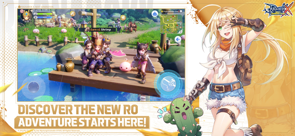 Capture d'écran de gameplay montrant des personnages pêchant et socialisant dans Ragnarok X Next Generation.