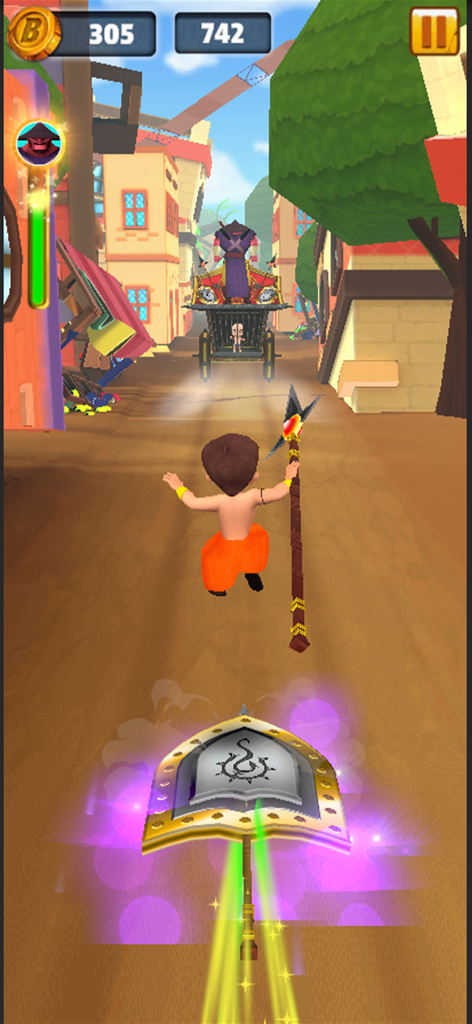 Chhota Bheem: Adventure Run - Chhota Bheem running through a village street in an endless runner mobile game.