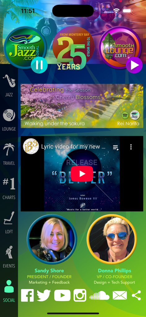 Smooth Global - Smooth Global app interface featuring smooth jazz radio channels, music videos, and lifestyle content.