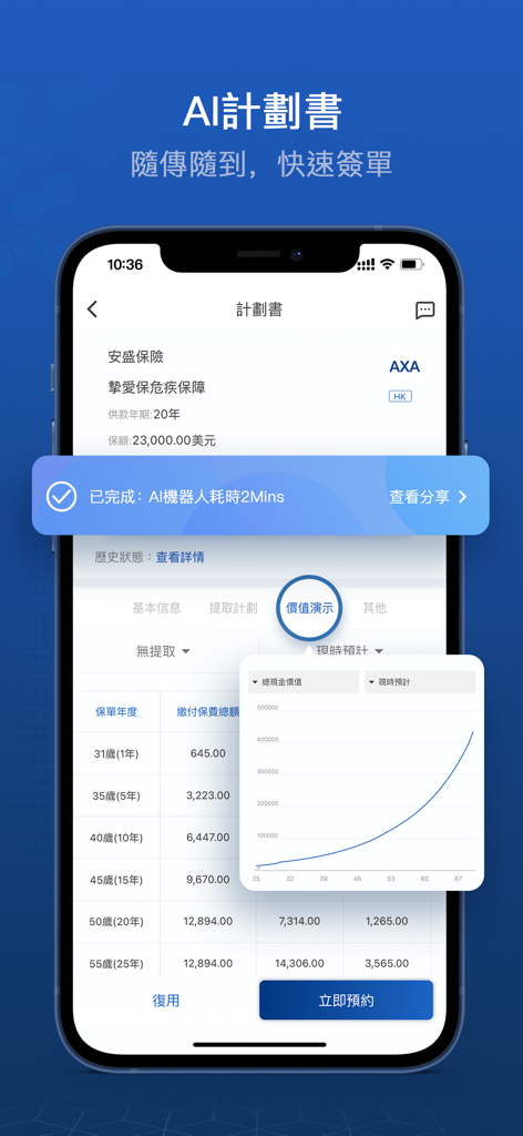 LifeBee - LifeBee app interface showing an AI generated insurance proposal with a growth chart