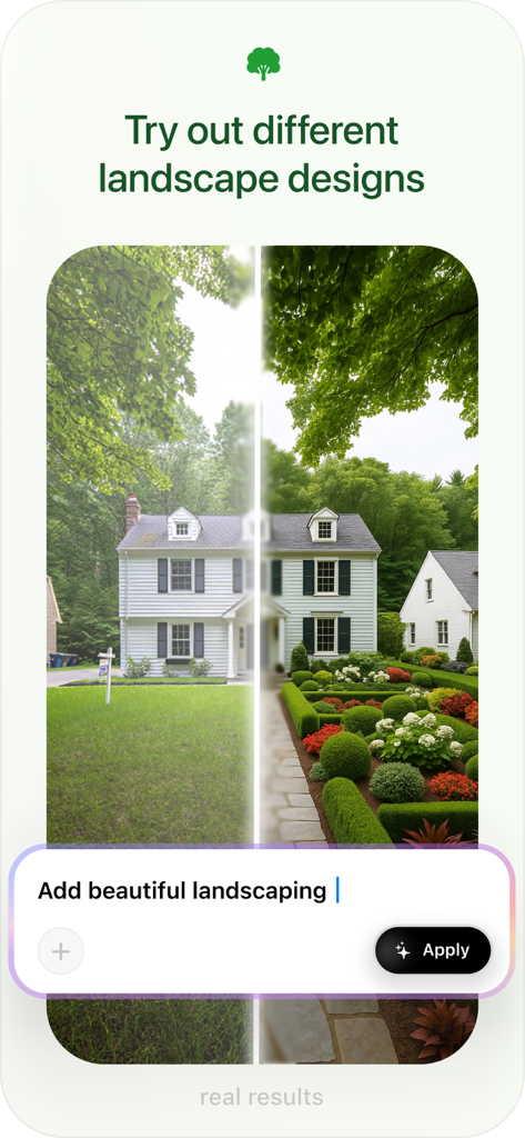 Spacia: AI Home Design - A split view showing a house with a plain lawn versus one with lush AI-generated landscaping.