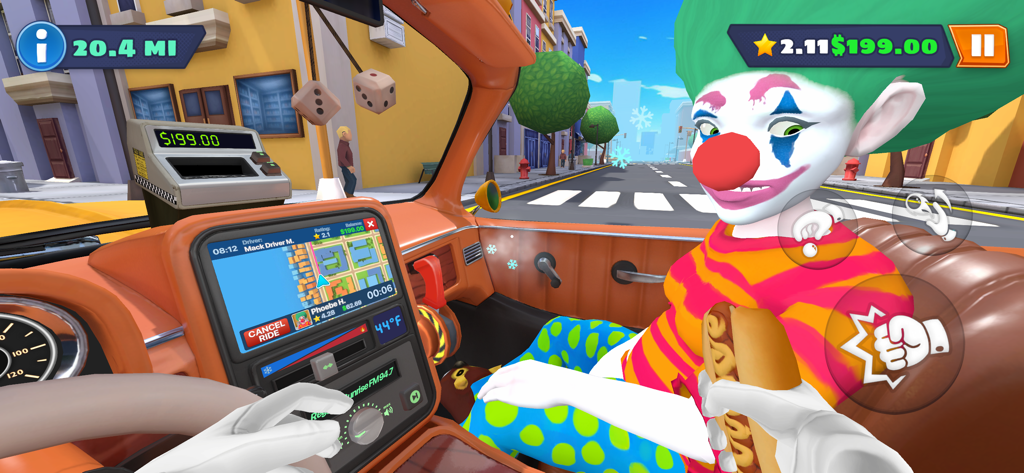 I Am Taxi Driver - Un passager clown mangeant un hot-dog sur le siège avant d'un taxi dans le gameplay de I Am Taxi Driver