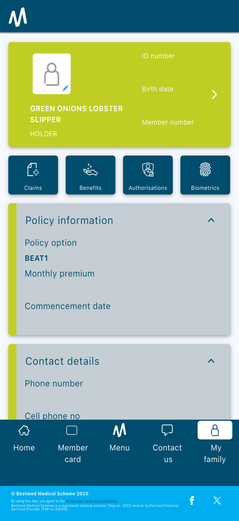 회원 프로필 및 정책 세부 정보를 보여주는 Bestmed 모바일 앱 대시보드