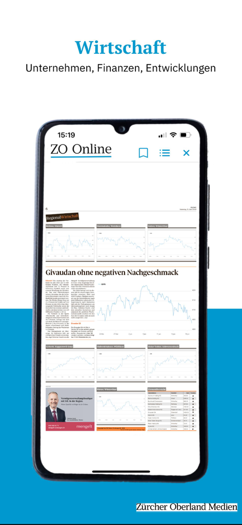 ZO E-Paper - Tela do smartphone exibindo a seção de negócios e economia do aplicativo ZO E-Paper com gráficos financeiros