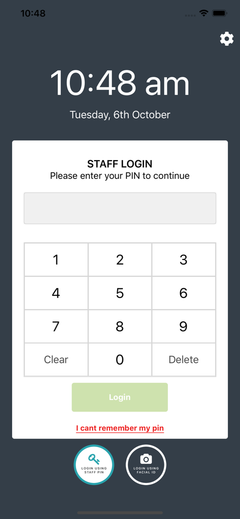 Gig Grafter Punch Clock - Staff login screen showing numeric PIN entry and facial recognition login options