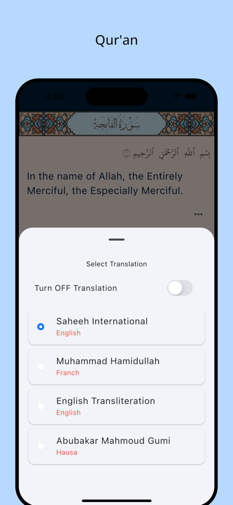 A mobile app interface displaying the Quran with a pop-up menu to select translations in English, French, and Hausa.