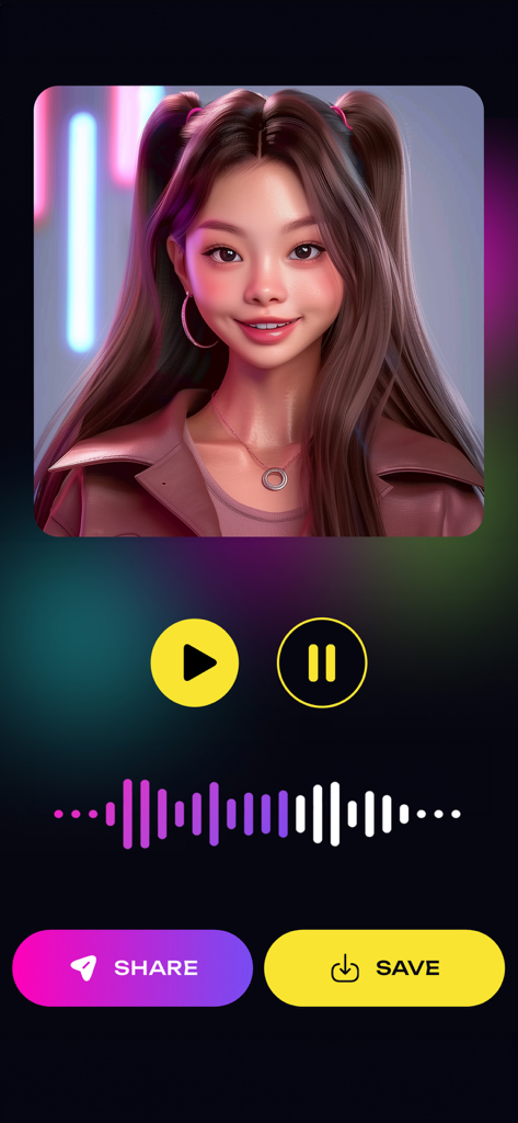 Funny Voice Changer: AI Voices - Interfaccia dell'app mobile cambia voce AI con immagine avatar, forma d'onda audio e pulsanti play, condividi e salva.