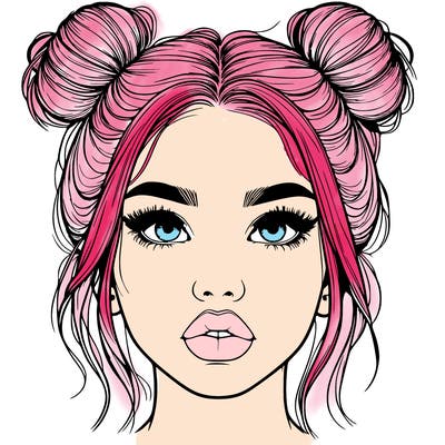 realistic girl with two buns on her hair and lips